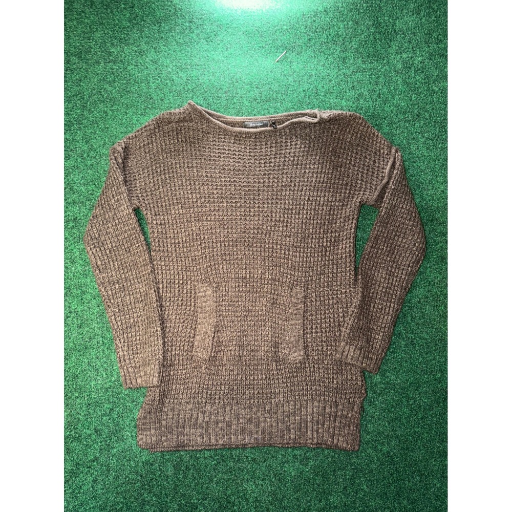 Daisy Fuentes Womens Brown Waffle Knit Sweater Pocket Boat Neck Size Medium